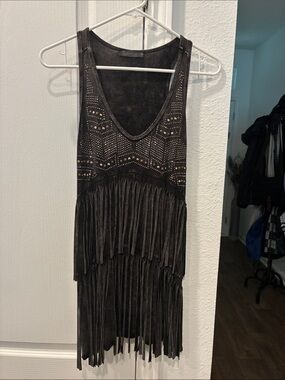 Fringed V-Neck Mini Dress with Stud Detail - Black